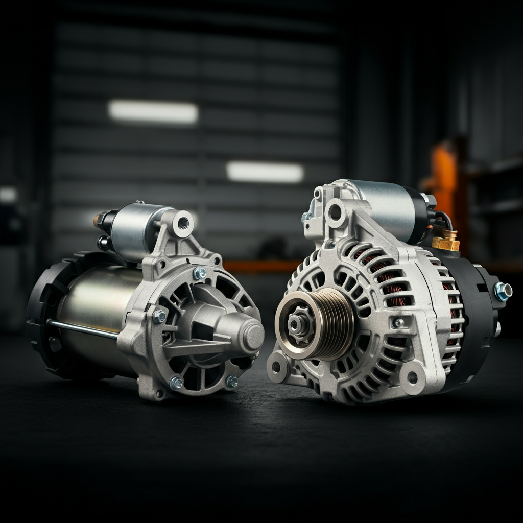 A car alternator and starter motor displayed in an automotive workshop with proper lighting and background elements.