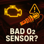 A digital thumbnail featuring a glowing check engine light, an O2 sensor warning icon, and bold text saying 'BAD O2 SENSOR?' against a dark engine background.