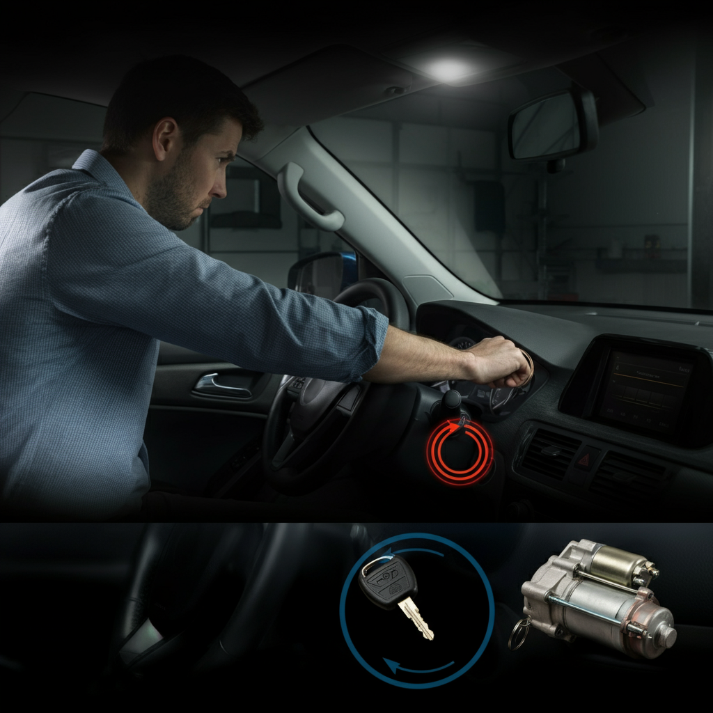 A driver attempts to start a car by turning the key in the ignition, with a visual emphasis on the starter motor and key rotation.