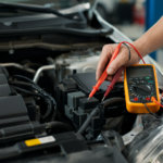 A mechanic testing a fuel pump relay in a car’s fuse box using a multimeter, with the engine visible in the background.