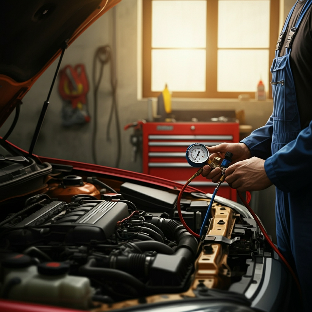 A mechanic in a blue jumpsuit testing a car's fuel pump using a pressure gauge under the hood in a well-lit garage.