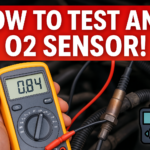 A mechanic using a digital multimeter to test an O2 sensor in a car engine, with a bold title overlay saying, "How to Test an O2 Sensor!"