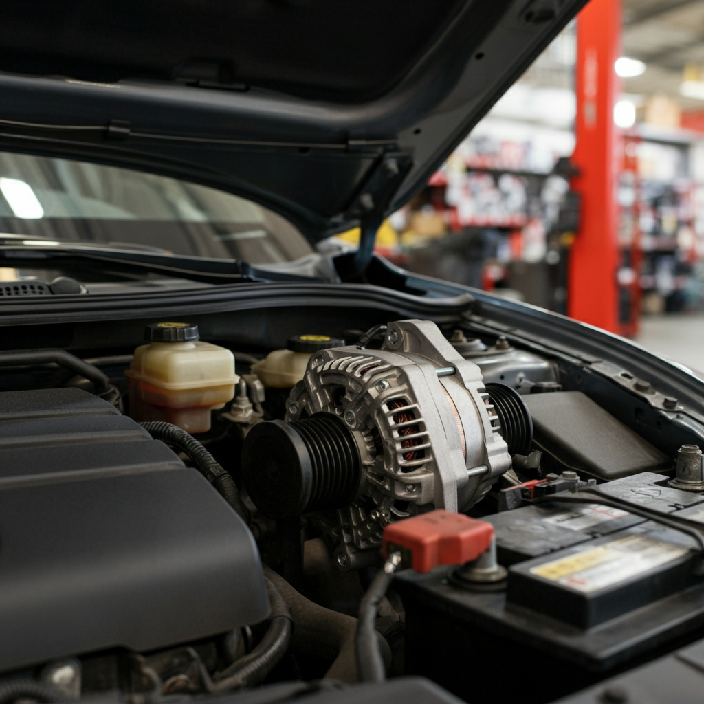 A close-up view of a car engine with the alternator and battery in focus inside a well-lit automotive repair shop.