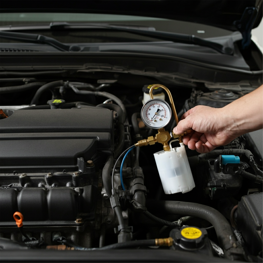 An illustration of a car's fuel system focusing on the fuel pump, with a mechanic diagnosing the issue using a fuel pressure gauge, and signs of engine stalling, power loss, and a humming noise from the gas tank.