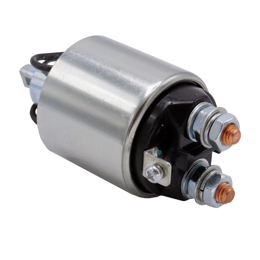 A metallic cylindrical starter solenoid with two copper terminals and a mounting bracket.